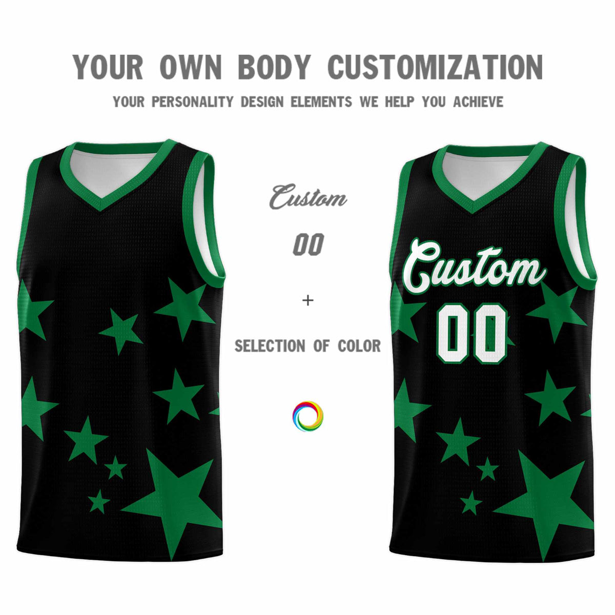 Custom Black Kelly Green Graffiti Pattern Star Print Basketball Kits Sets