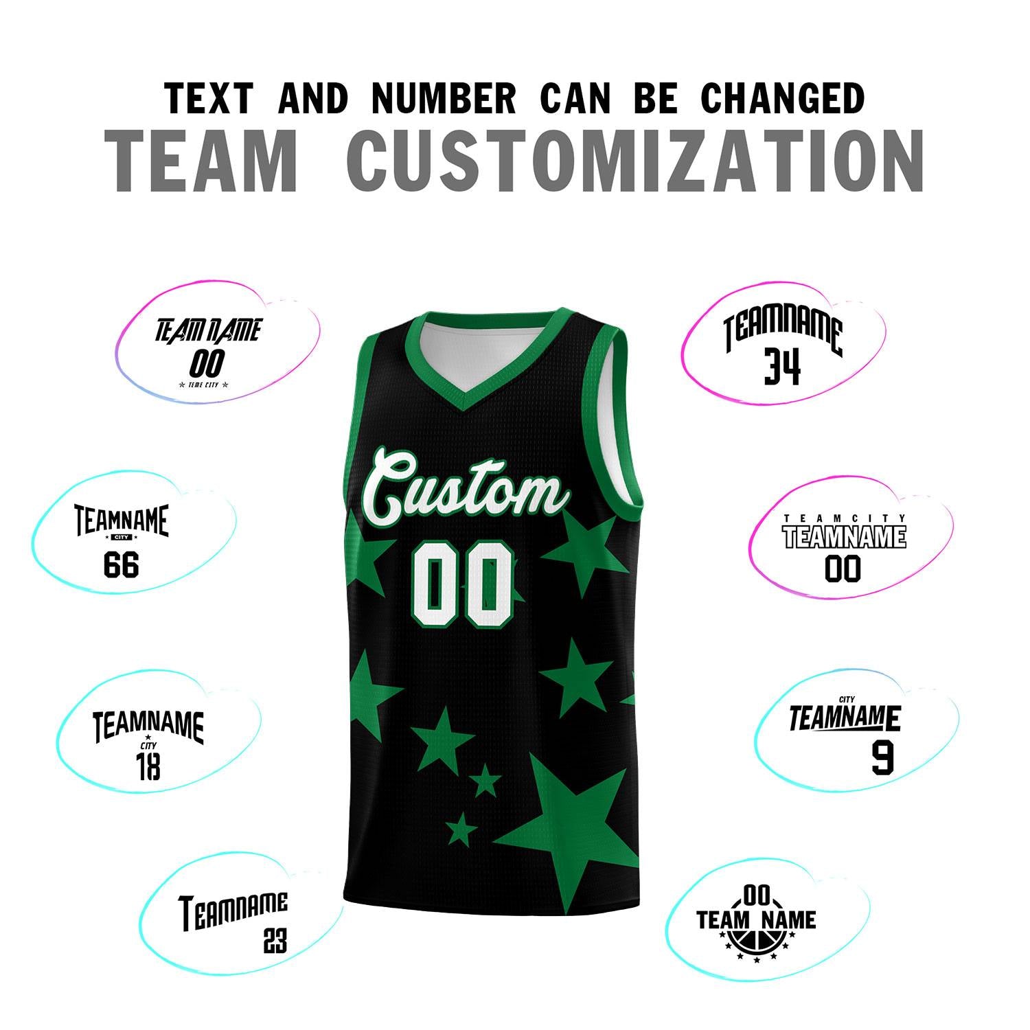 Custom Black Kelly Green Graffiti Pattern Star Print Basketball Kits Sets