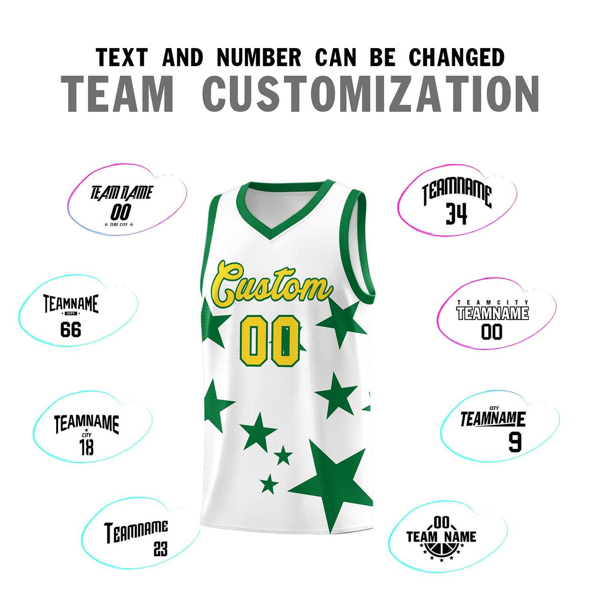 Custom White Kelly Green Graffiti Pattern Star Print Basketball Kits Sets