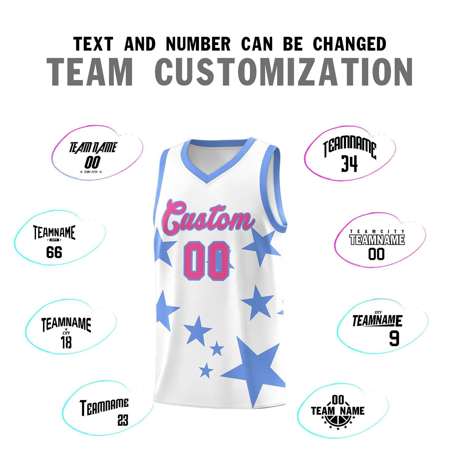 Custom White Light Blue Graffiti Pattern Star Print Basketball Kits Sets