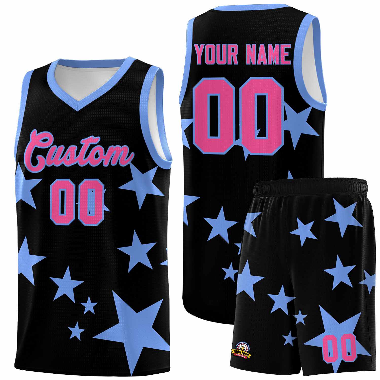 Custom Black Light Blue Graffiti Pattern Star Print Basketball Kits Sets