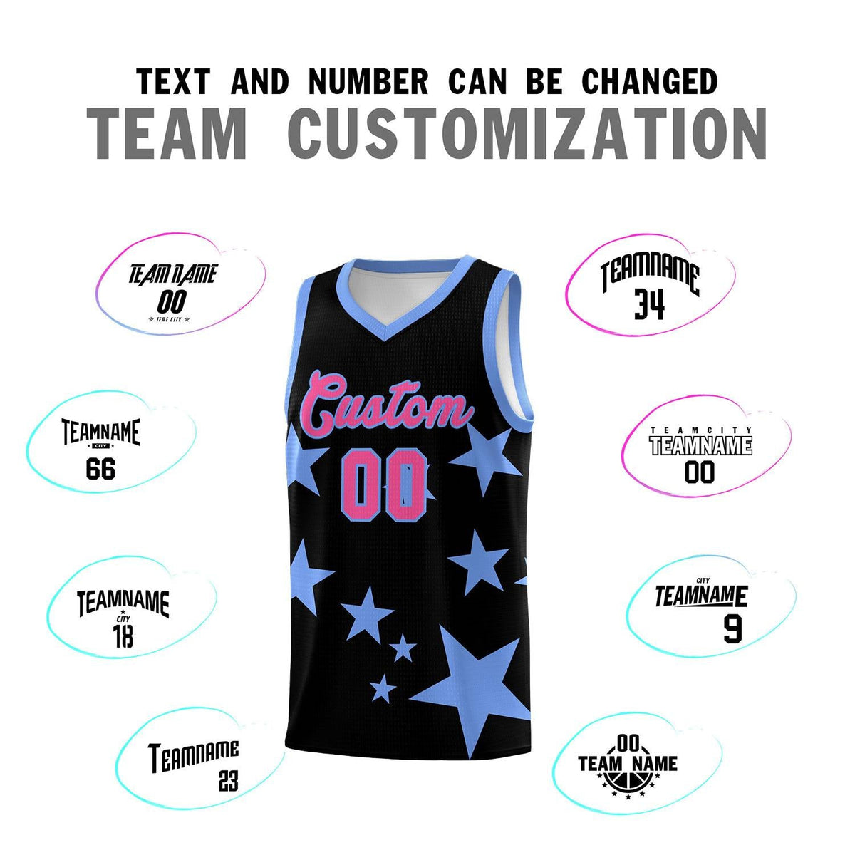 Custom Black Light Blue Graffiti Pattern Star Print Basketball Kits Sets