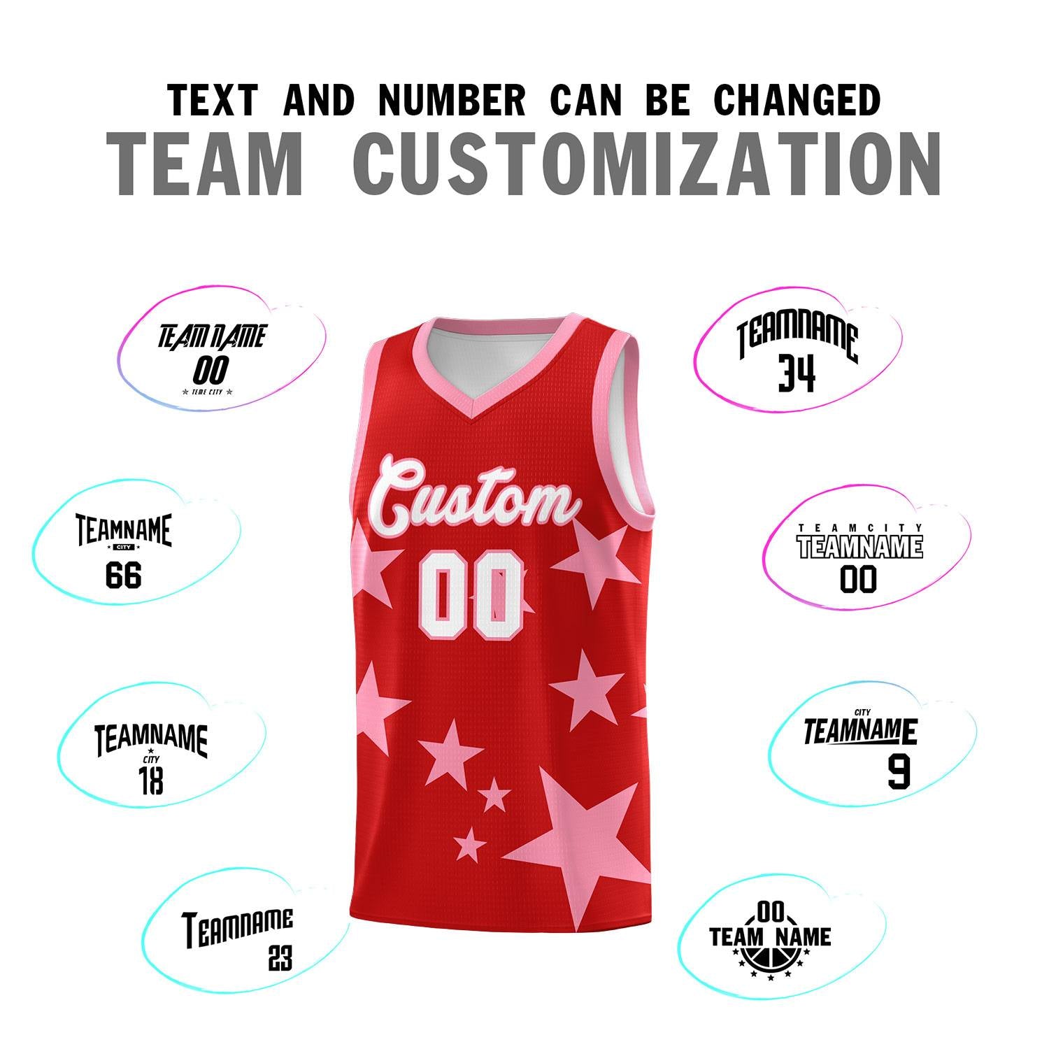 Custom Red Light Pink Graffiti Pattern Star Print Basketball Kits Sets