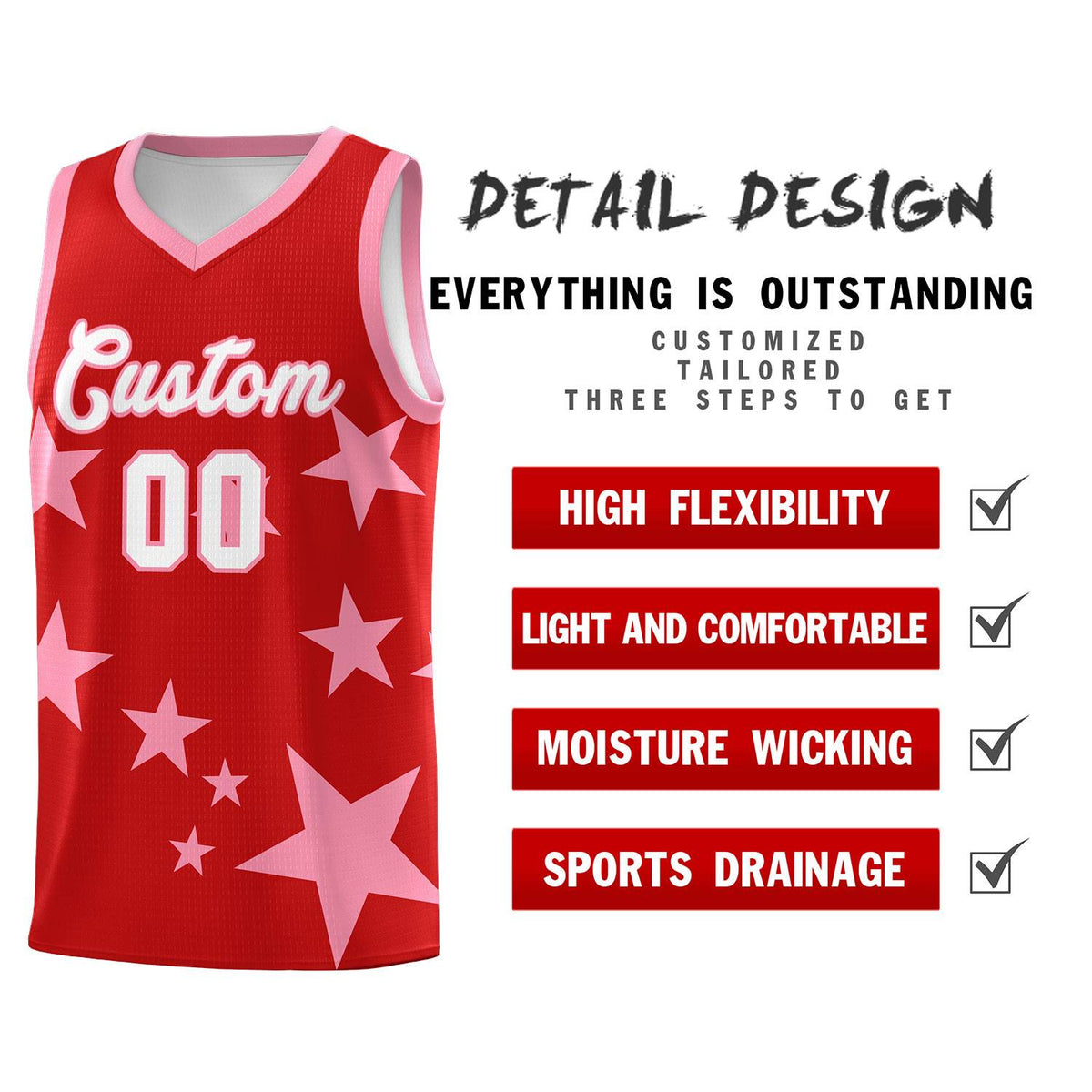 Custom Red Light Pink Graffiti Pattern Star Print Basketball Kits Sets