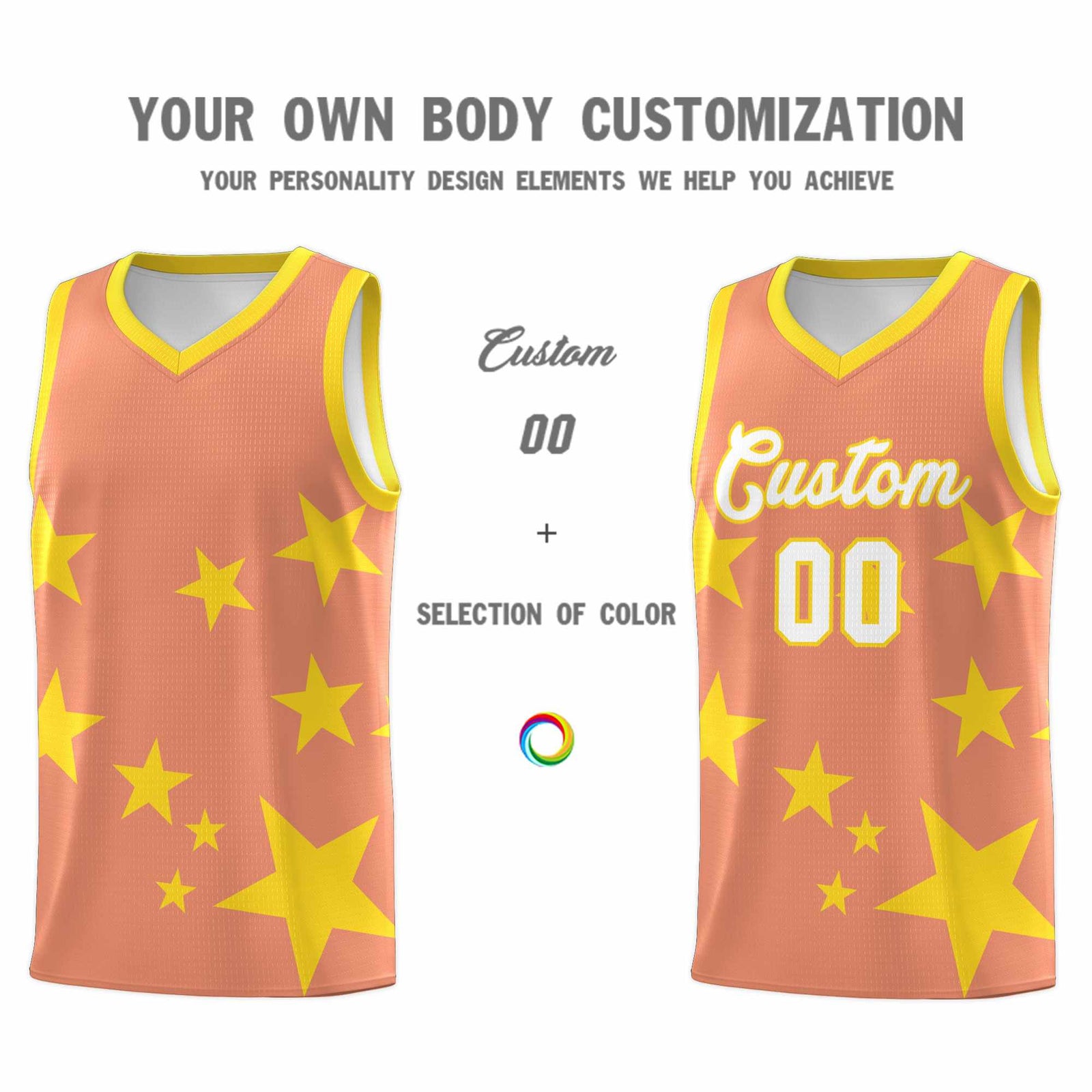 Custom Light Orange Gold Graffiti Pattern Star Print Basketball Kits Sets