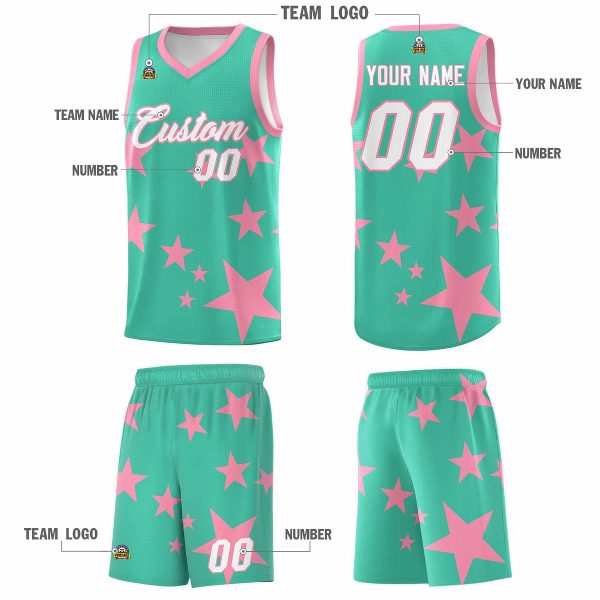 Custom Bright Green Light Pink Graffiti Pattern Star Print Basketball Kits Sets