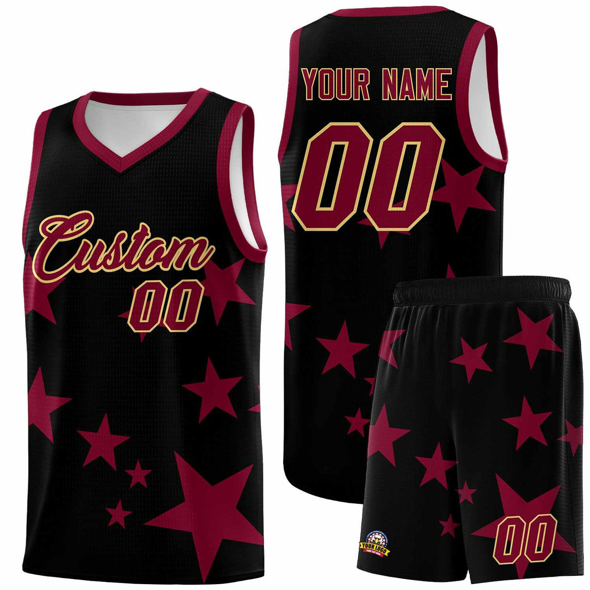 Custom Black Crimson Graffiti Pattern Star Print Basketball Kits Sets