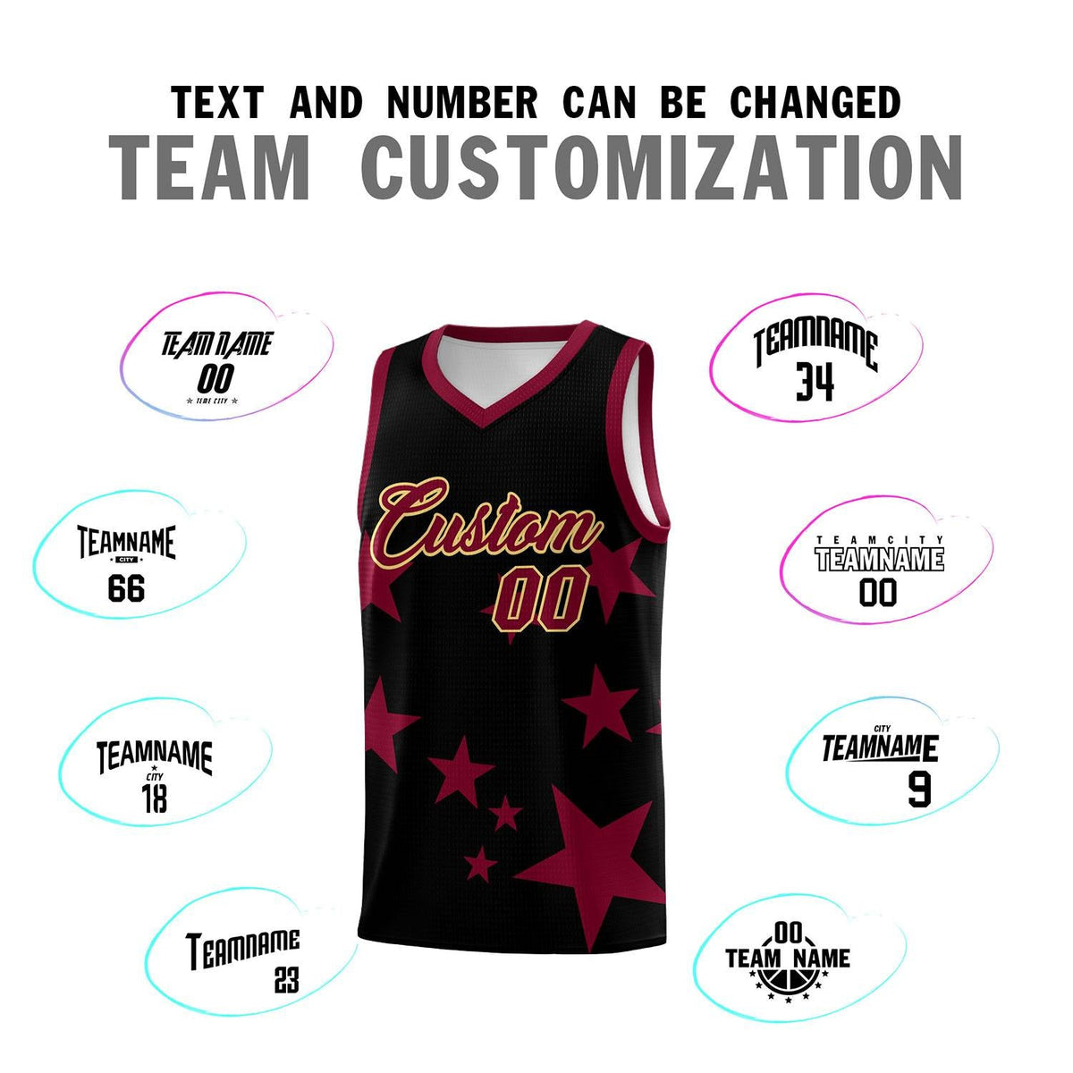 Custom Black Crimson Graffiti Pattern Star Print Basketball Kits Sets