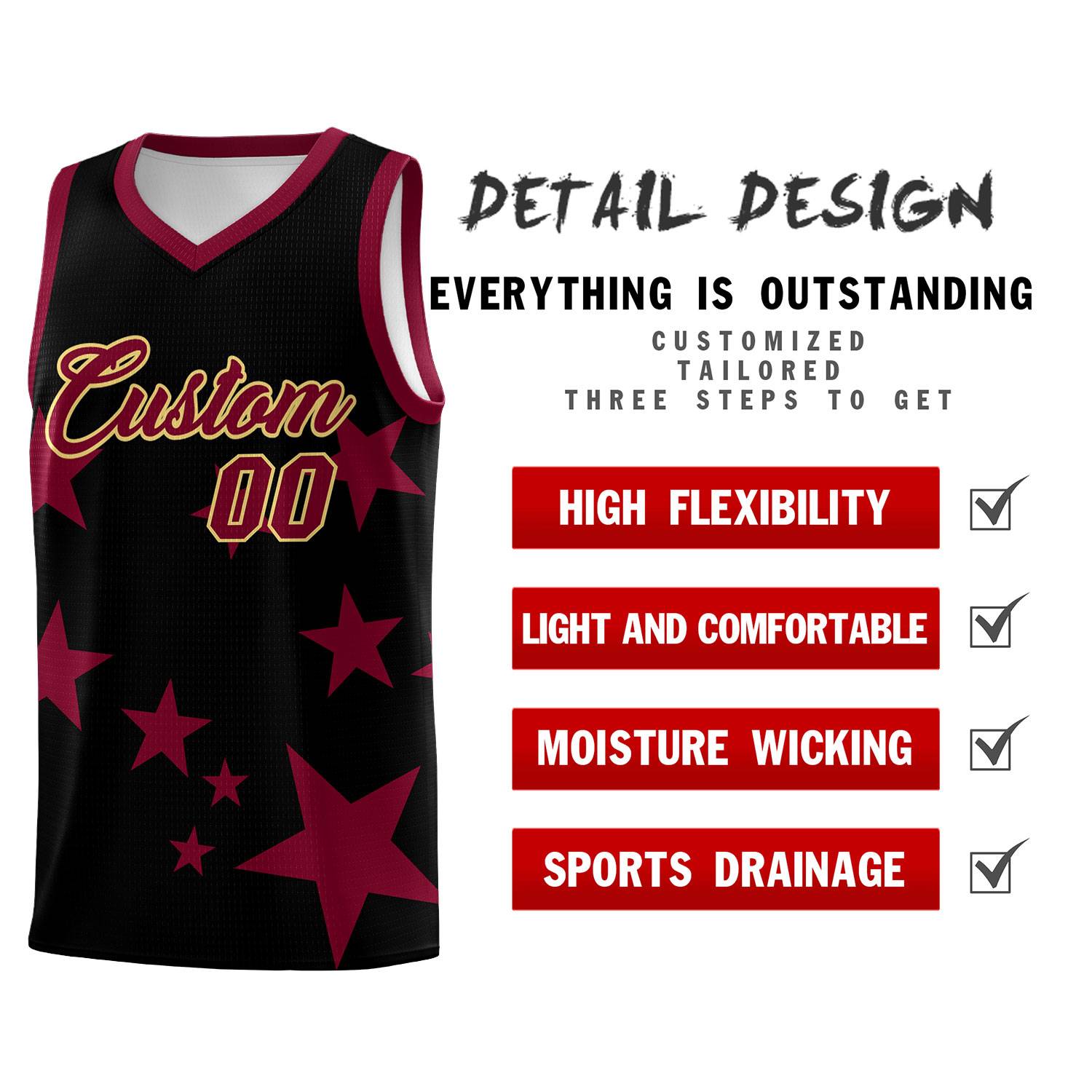 Custom Black Crimson Graffiti Pattern Star Print Basketball Kits Sets