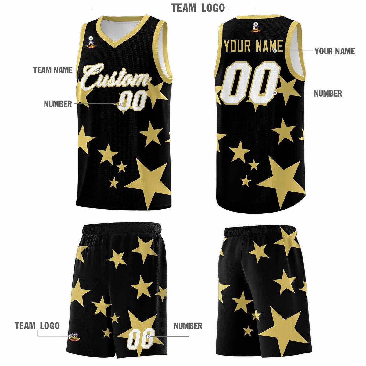 Custom Black Old Gold Graffiti Pattern Star Print Basketball Kits Sets