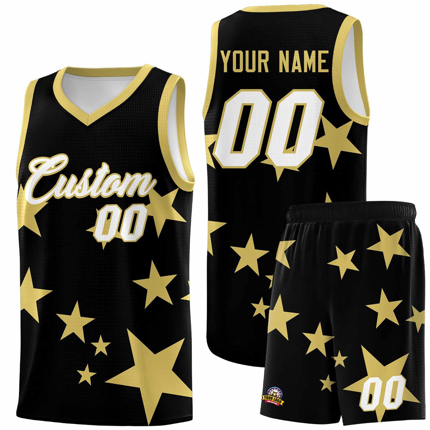 Custom Black Old Gold Graffiti Pattern Star Print Basketball Kits Sets