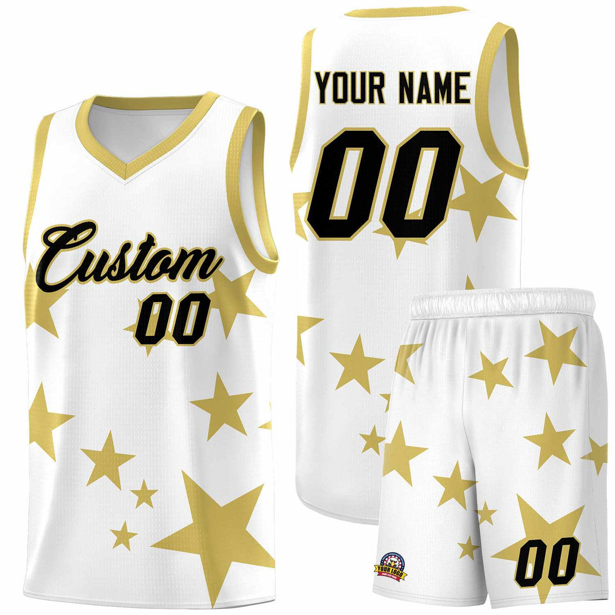 Custom White Old Gold Graffiti Pattern Star Print Basketball Kits Sets