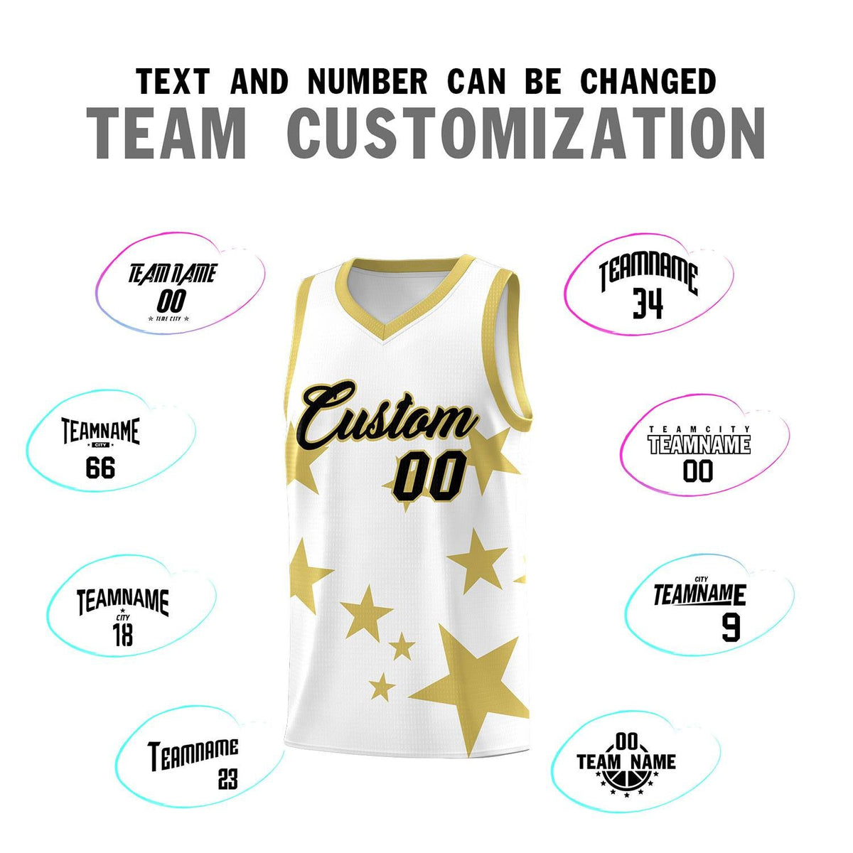 Custom White Old Gold Graffiti Pattern Star Print Basketball Kits Sets