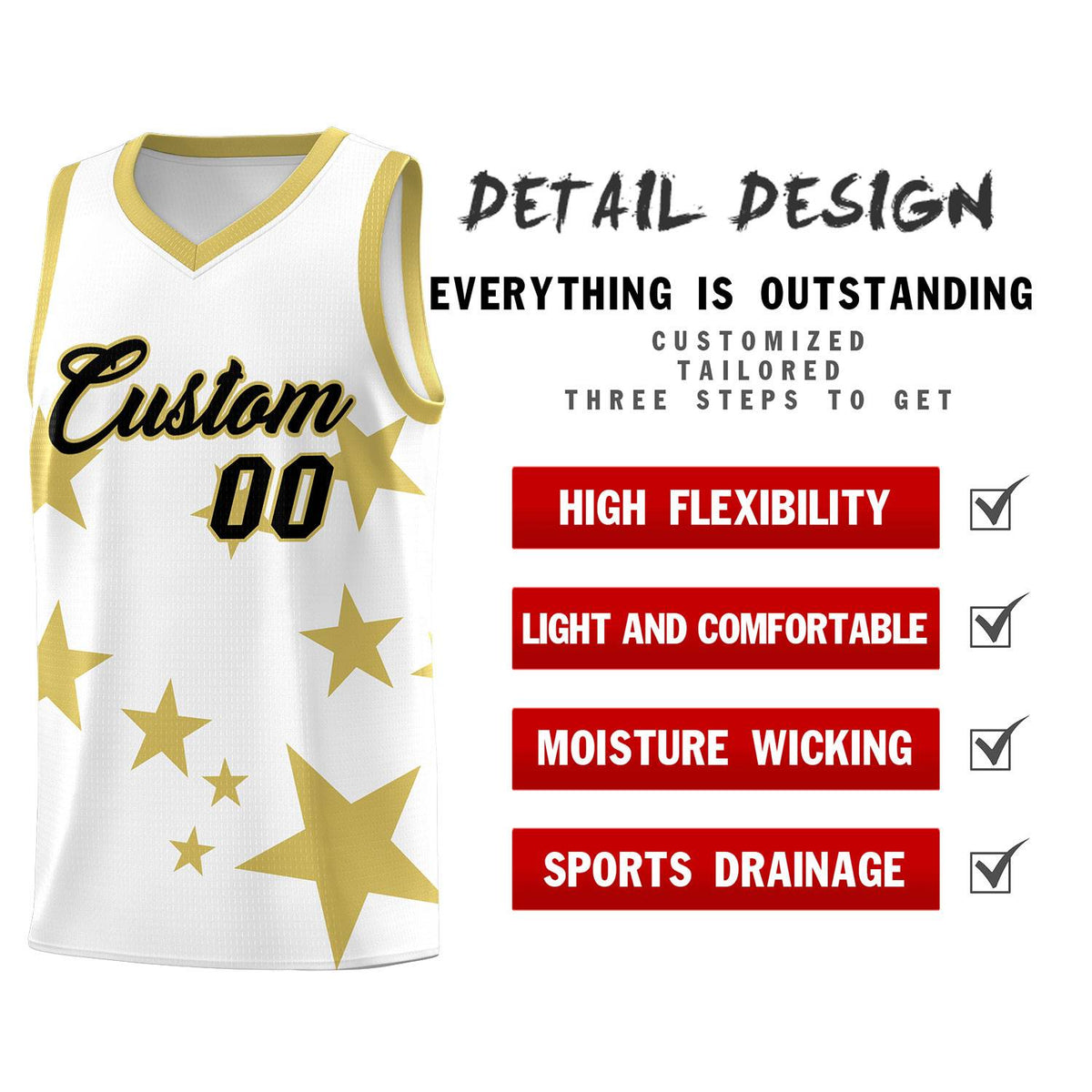 Custom White Old Gold Graffiti Pattern Star Print Basketball Kits Sets