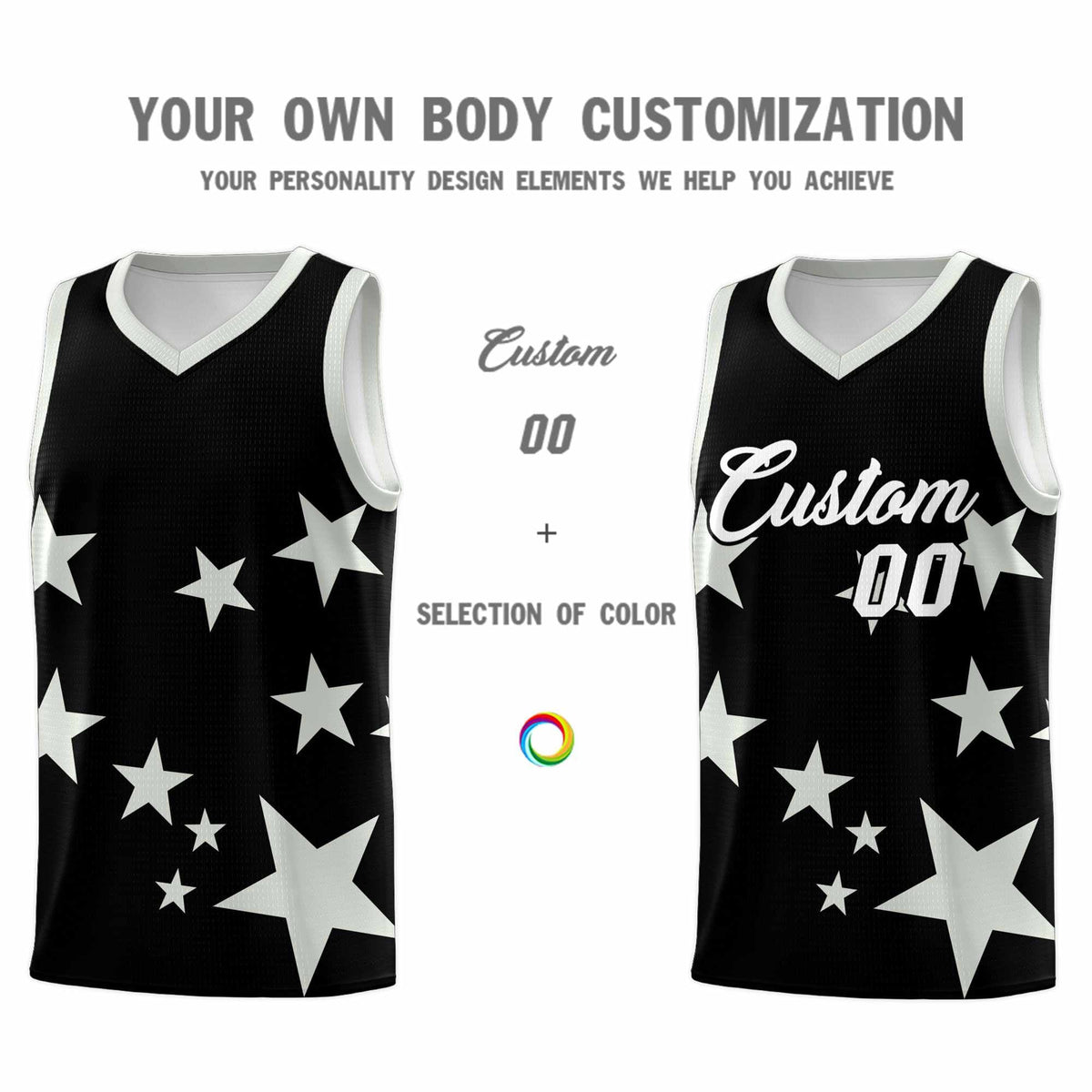 Custom Black Gray Graffiti Pattern Star Print Basketball Kits Sets