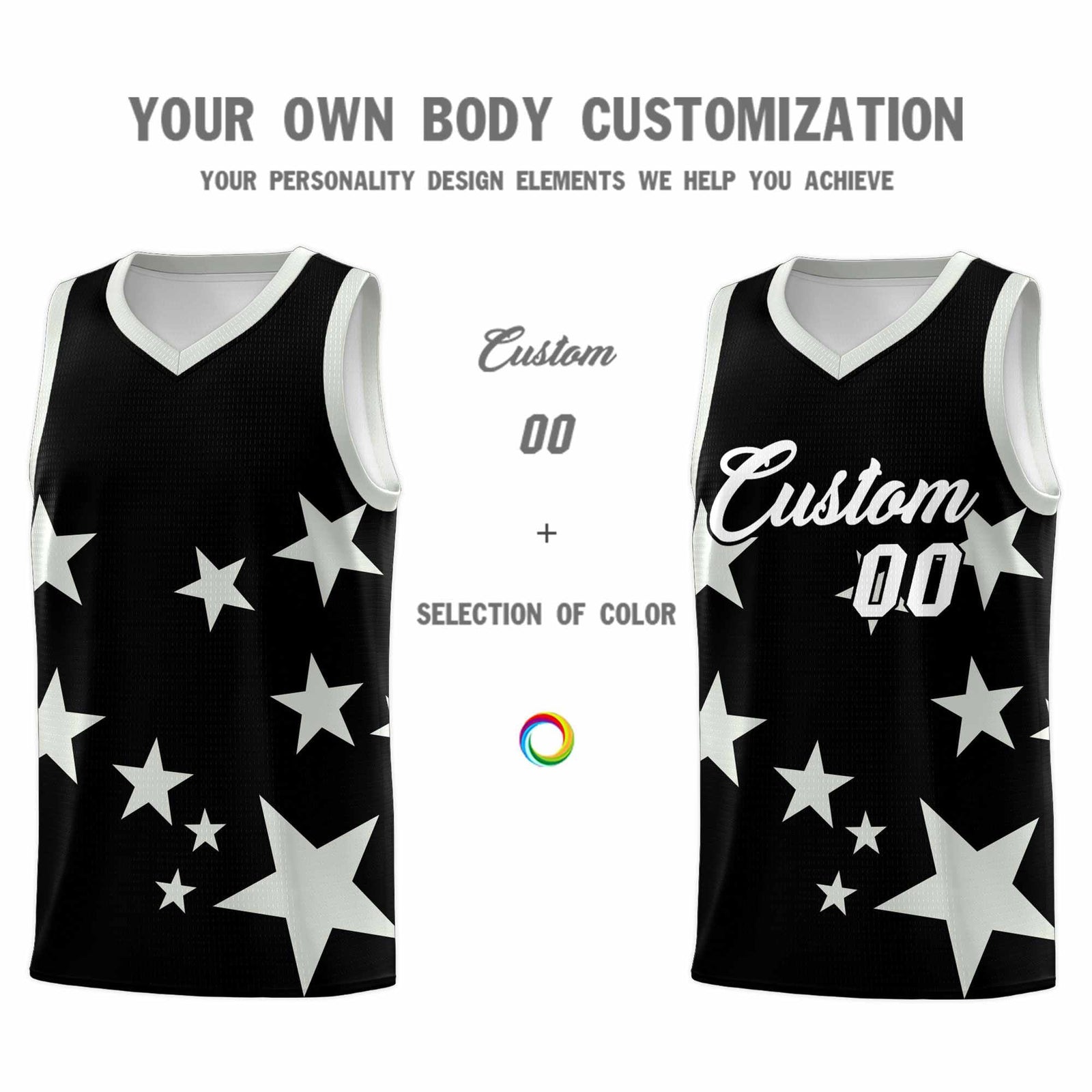 Custom Black Gray Graffiti Pattern Star Print Basketball Kits Sets