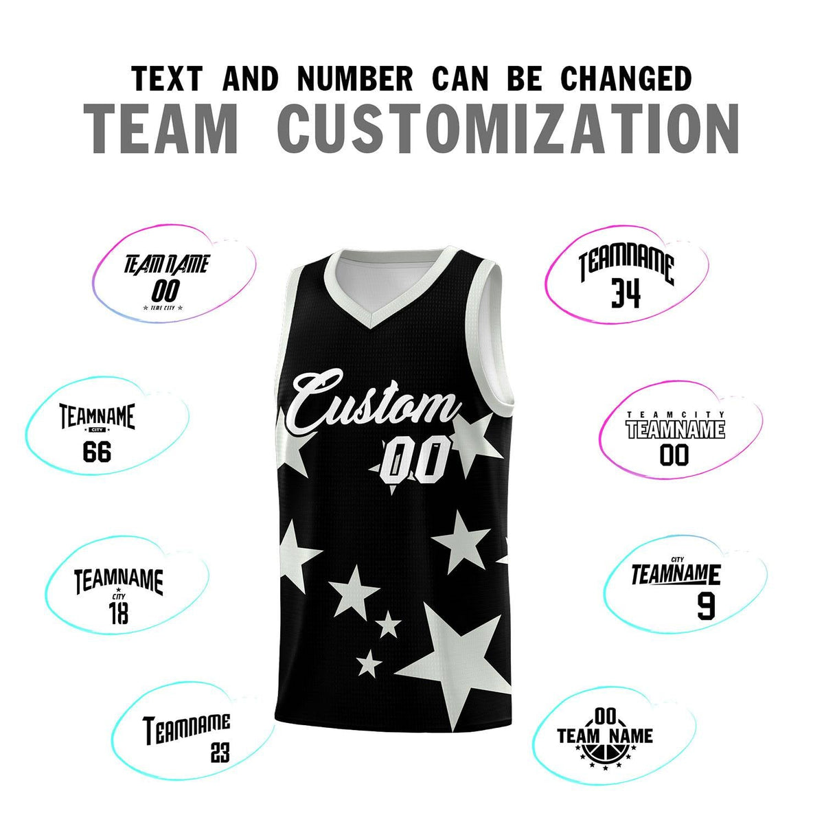 Custom Black Gray Graffiti Pattern Star Print Basketball Kits Sets