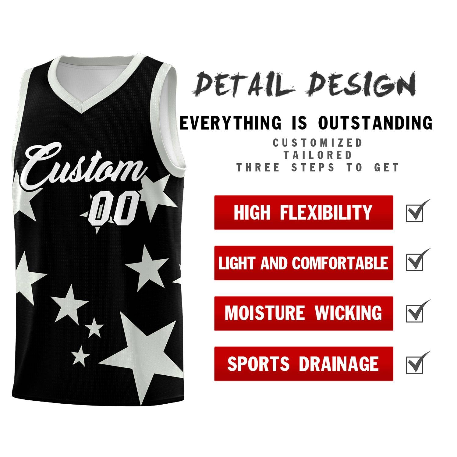Custom Black Gray Graffiti Pattern Star Print Basketball Kits Sets
