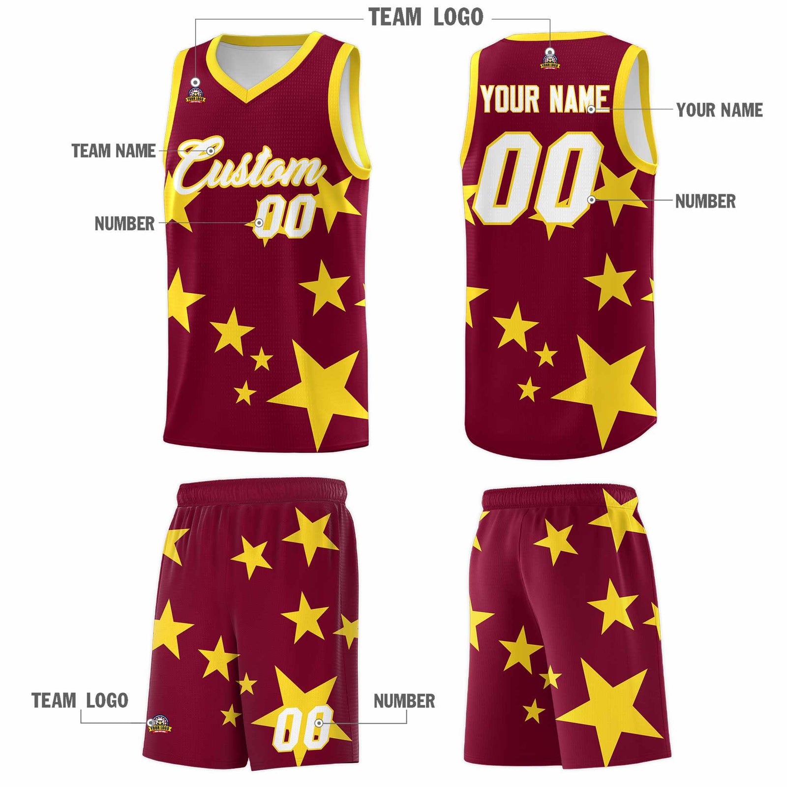 Custom Crimson Gold Graffiti Pattern Star Print Basketball Kits Sets