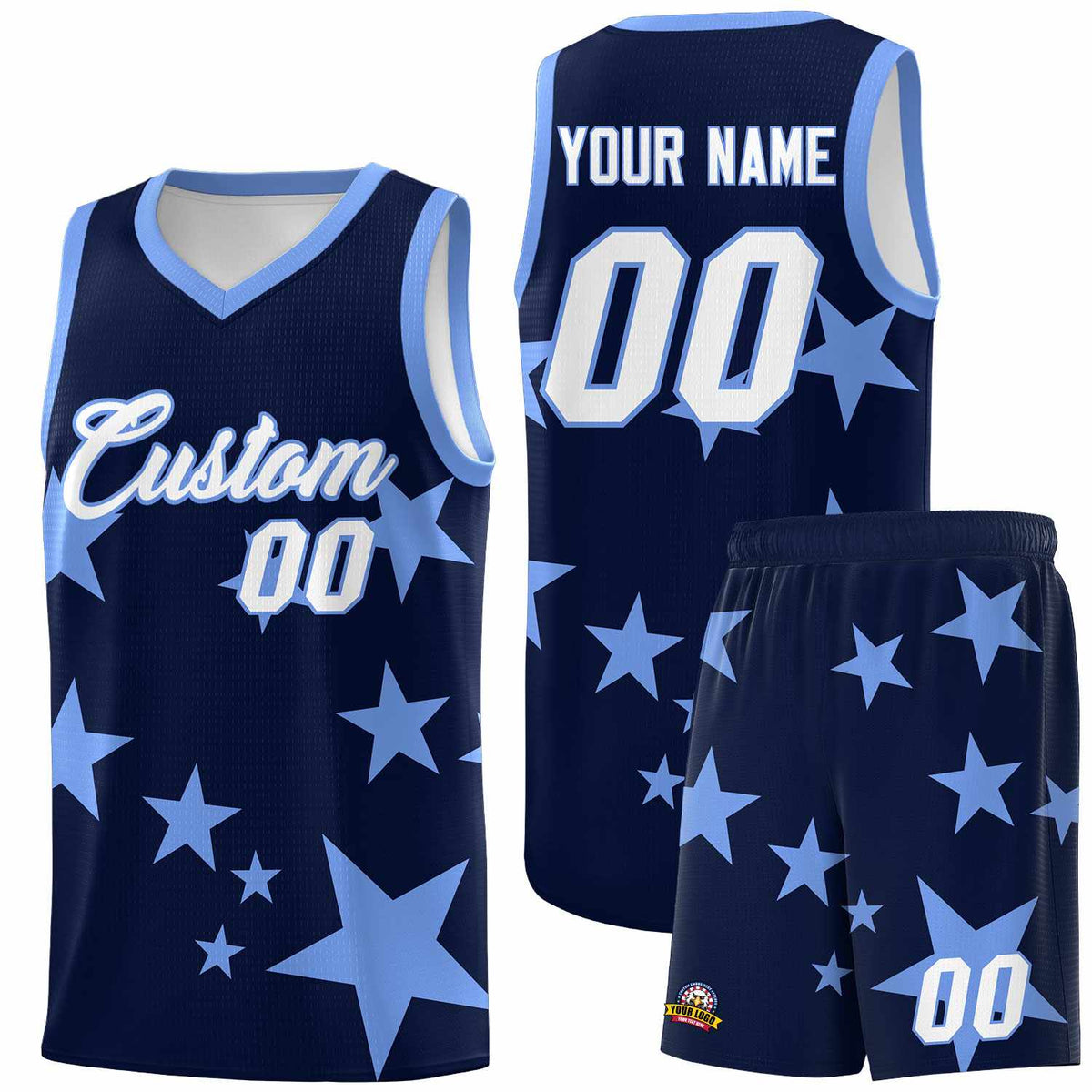 Custom Navy Light Blue Graffiti Pattern Star Print Basketball Kits Sets