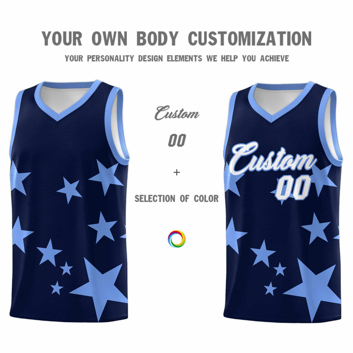 Custom Navy Light Blue Graffiti Pattern Star Print Basketball Kits Sets