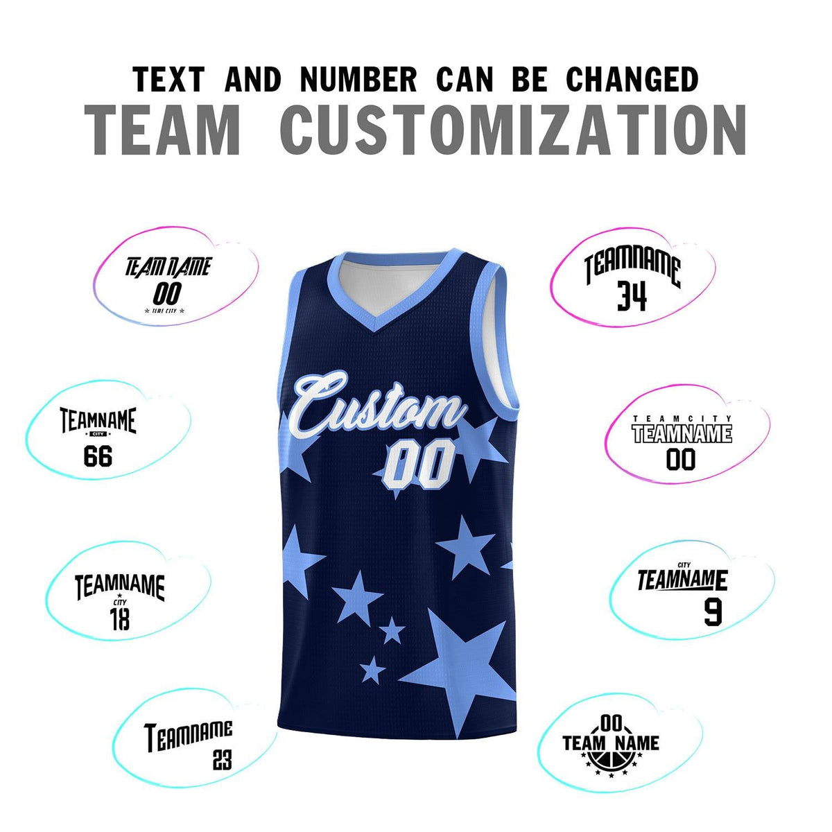 Custom Navy Light Blue Graffiti Pattern Star Print Basketball Kits Sets