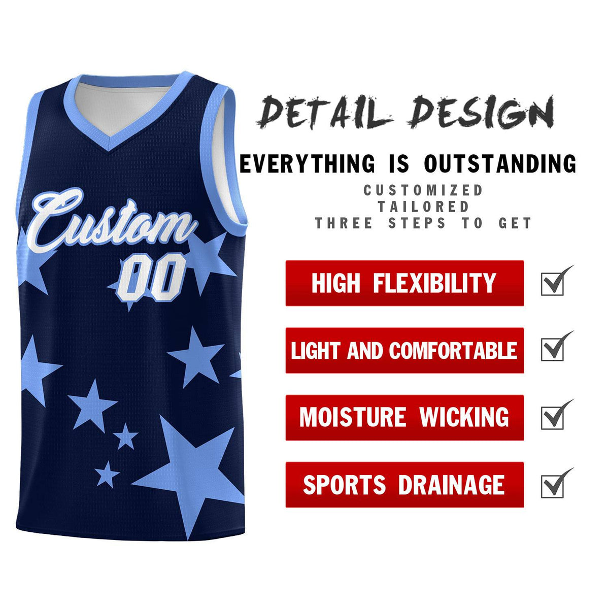 Custom Navy Light Blue Graffiti Pattern Star Print Basketball Kits Sets