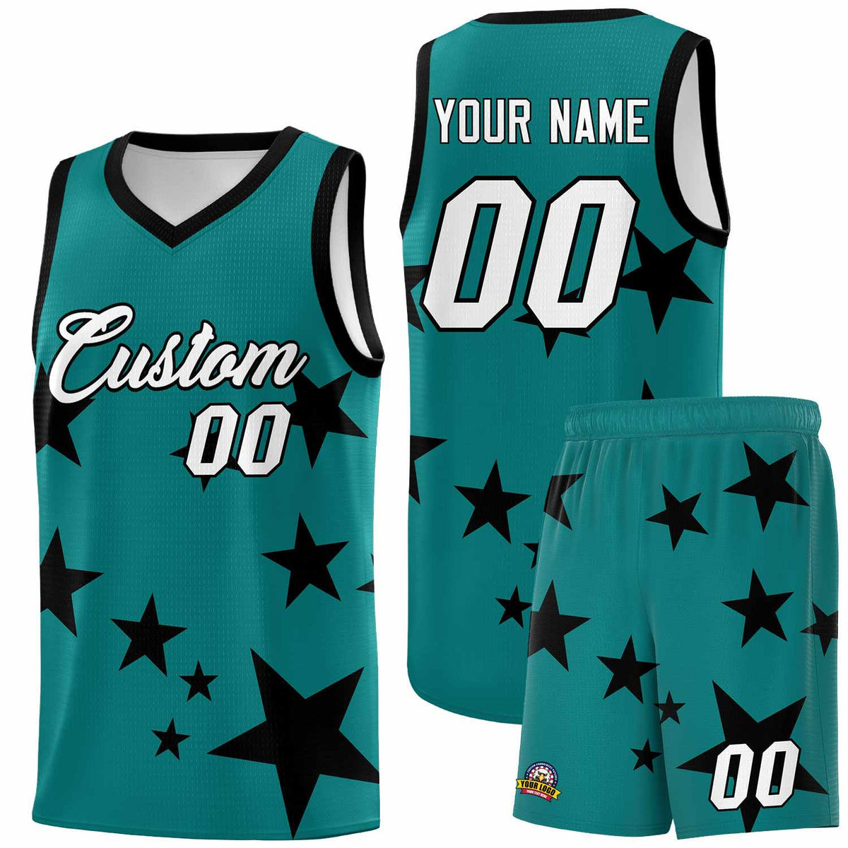 Custom Aqua Black Graffiti Pattern Star Print Basketball Kits Sets