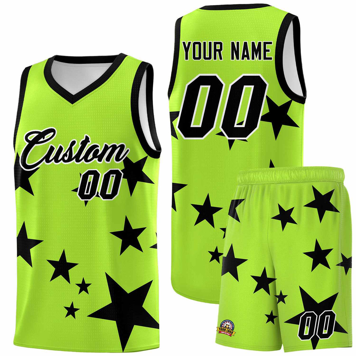 Custom Light Green Black Graffiti Pattern Star Print Basketball Kits Sets