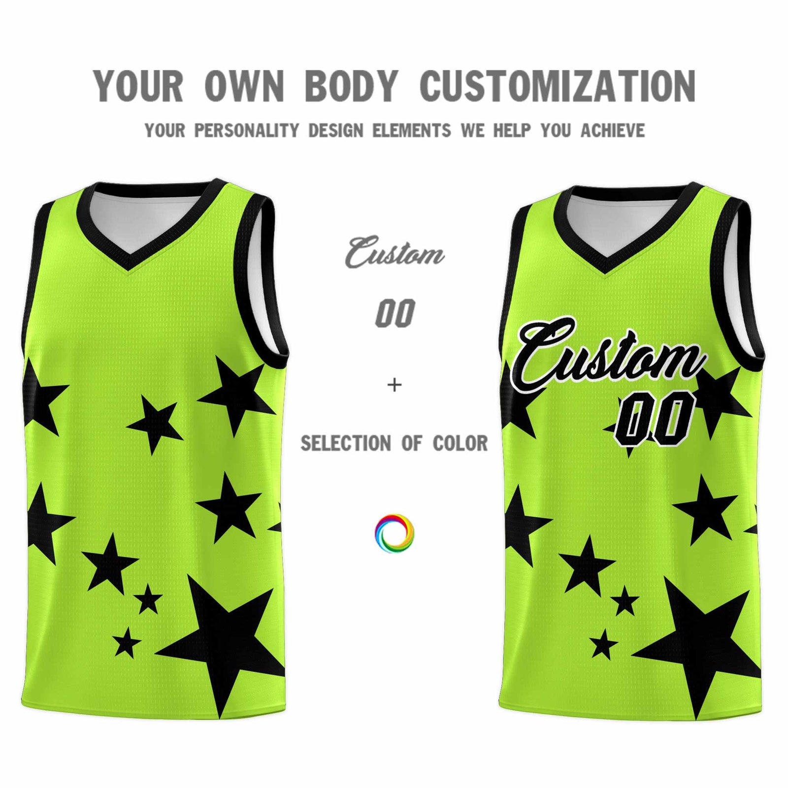 Custom Light Green Black Graffiti Pattern Star Print Basketball Kits Sets