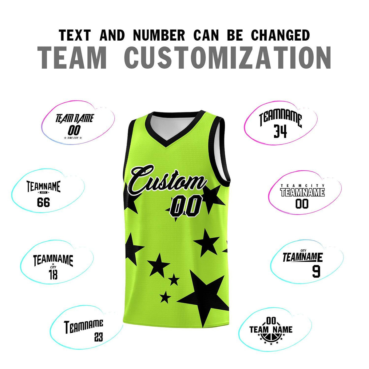 Custom Light Green Black Graffiti Pattern Star Print Basketball Kits Sets