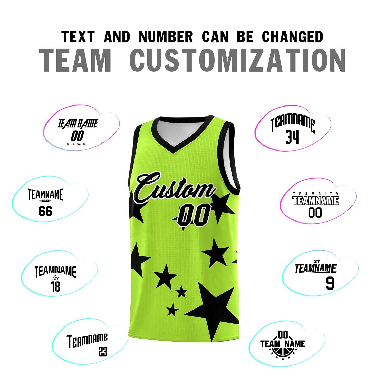 Custom Light Green Black Graffiti Pattern Star Print Basketball Kits Sets