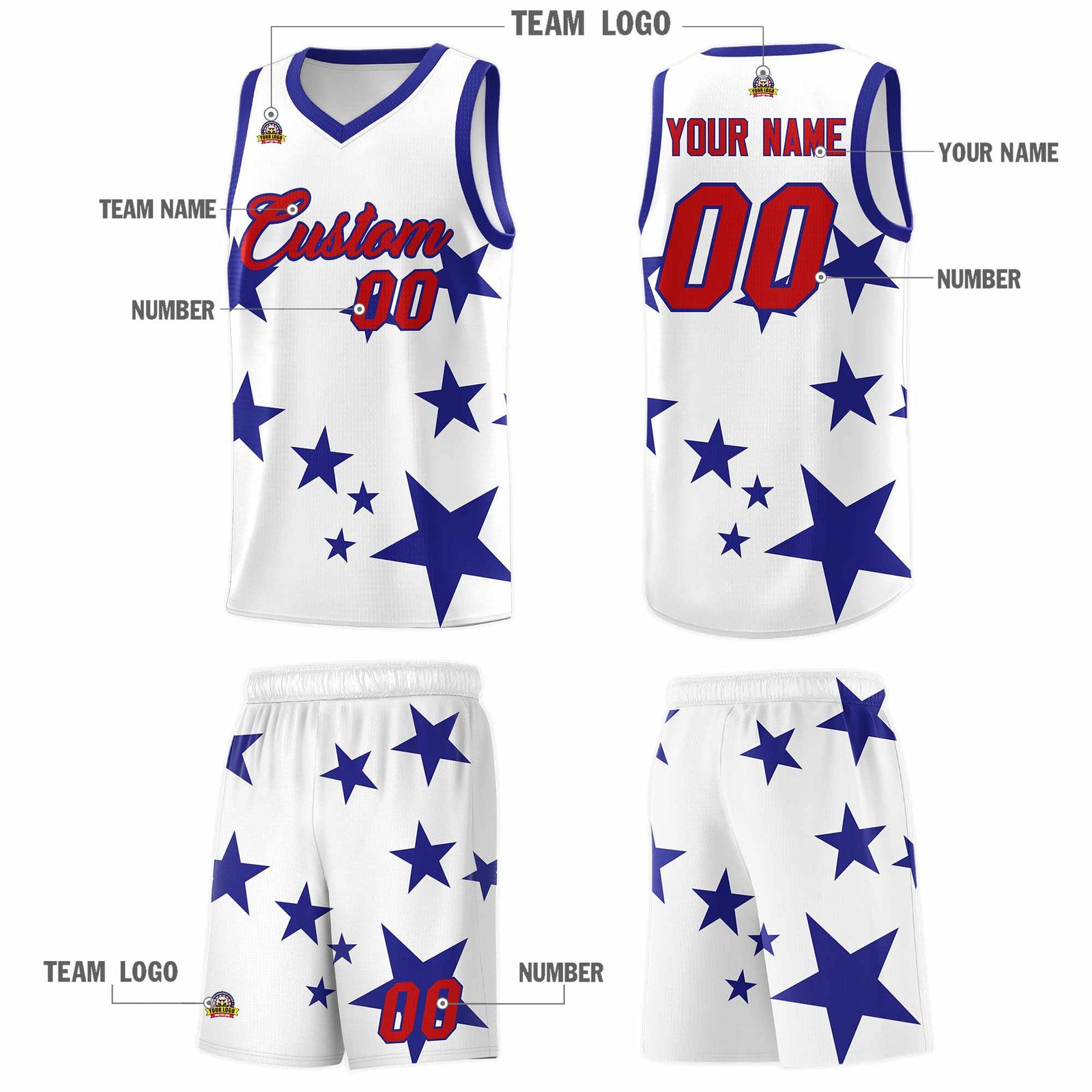 Custom White Royal Graffiti Pattern Star Print Basketball Kits Sets