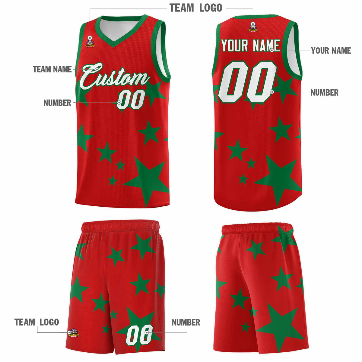 Custom Red Kelly Green Graffiti Pattern Star Print Basketball Kits Sets