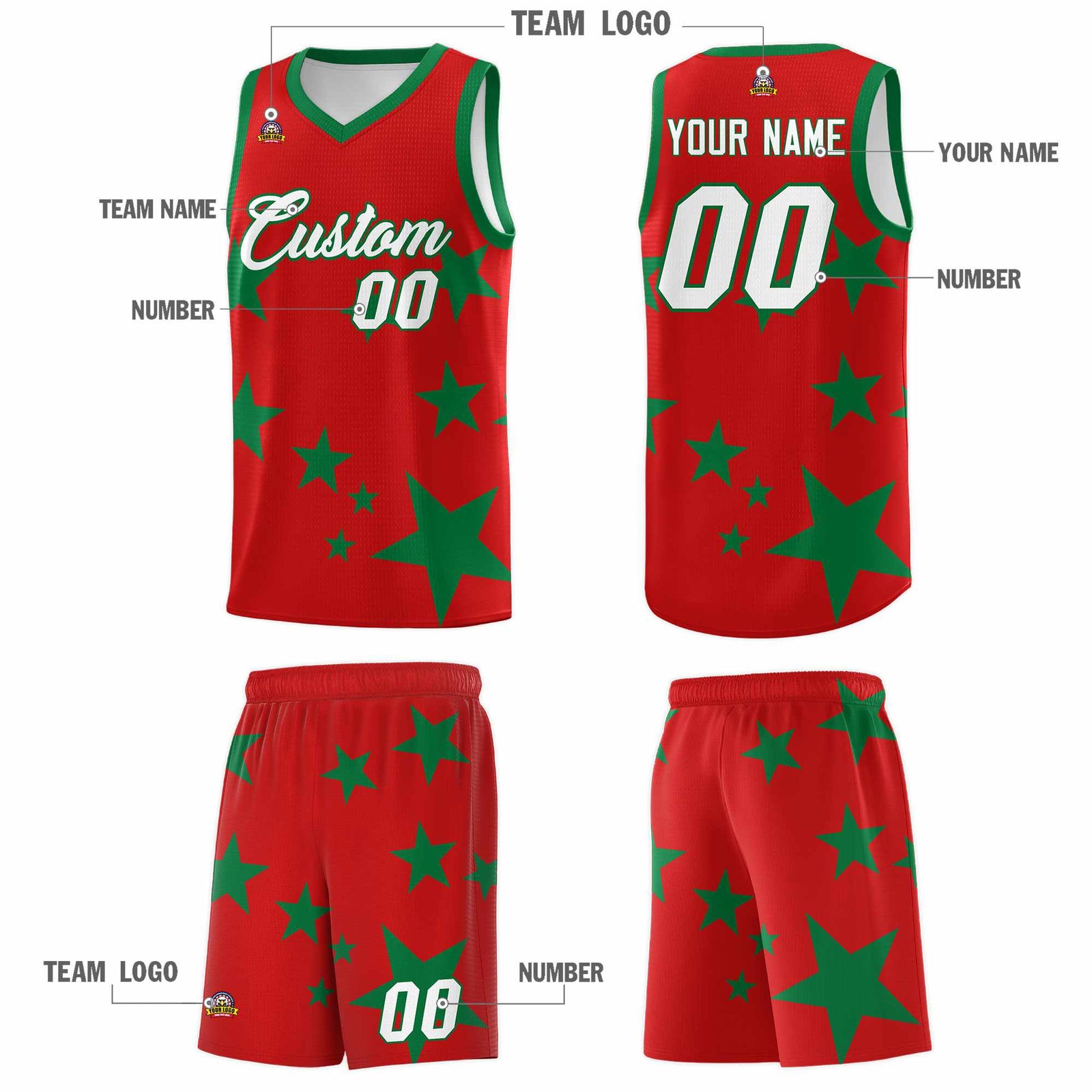 Custom Red Kelly Green Graffiti Pattern Star Print Basketball Kits Sets