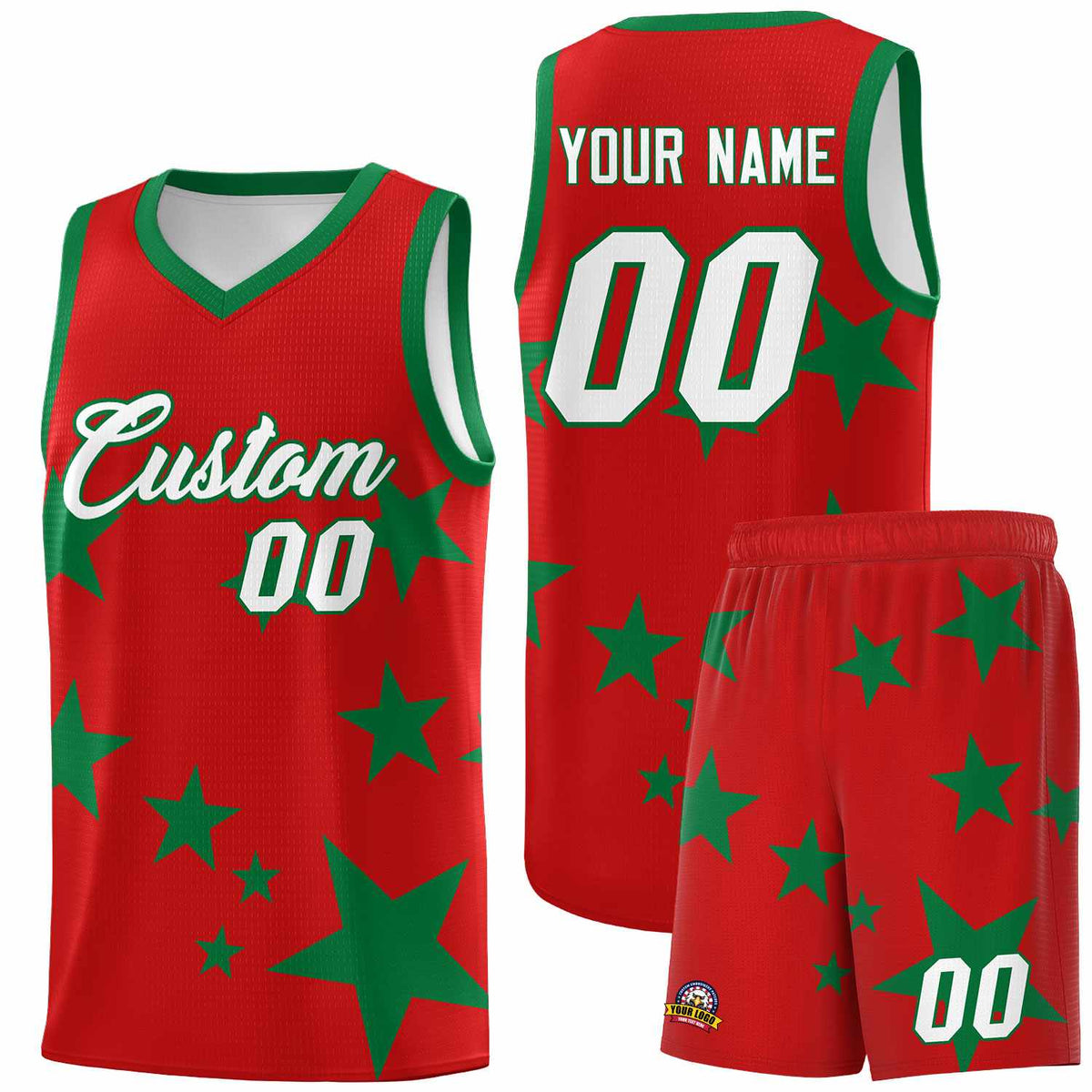 Custom Red Kelly Green Graffiti Pattern Star Print Basketball Kits Sets