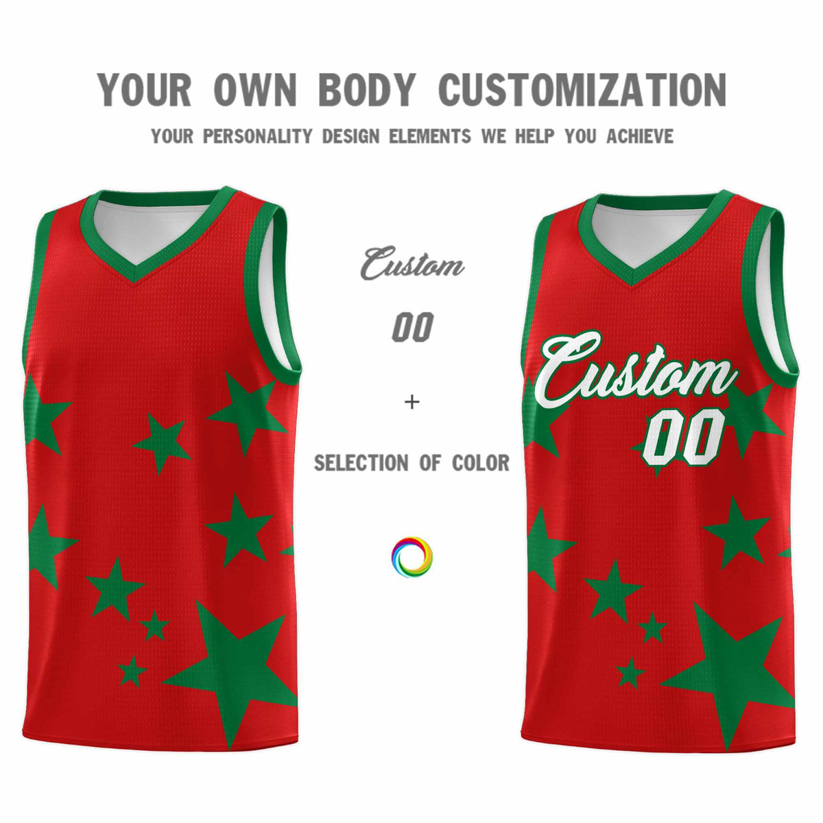 Custom Red Kelly Green Graffiti Pattern Star Print Basketball Kits Sets