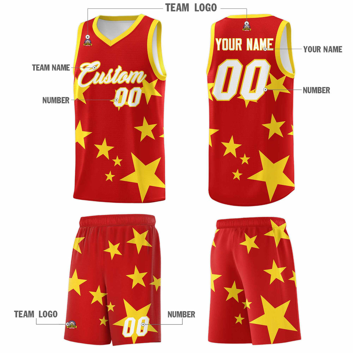 Custom Red Gold Graffiti Pattern Star Print Basketball Kits Sets
