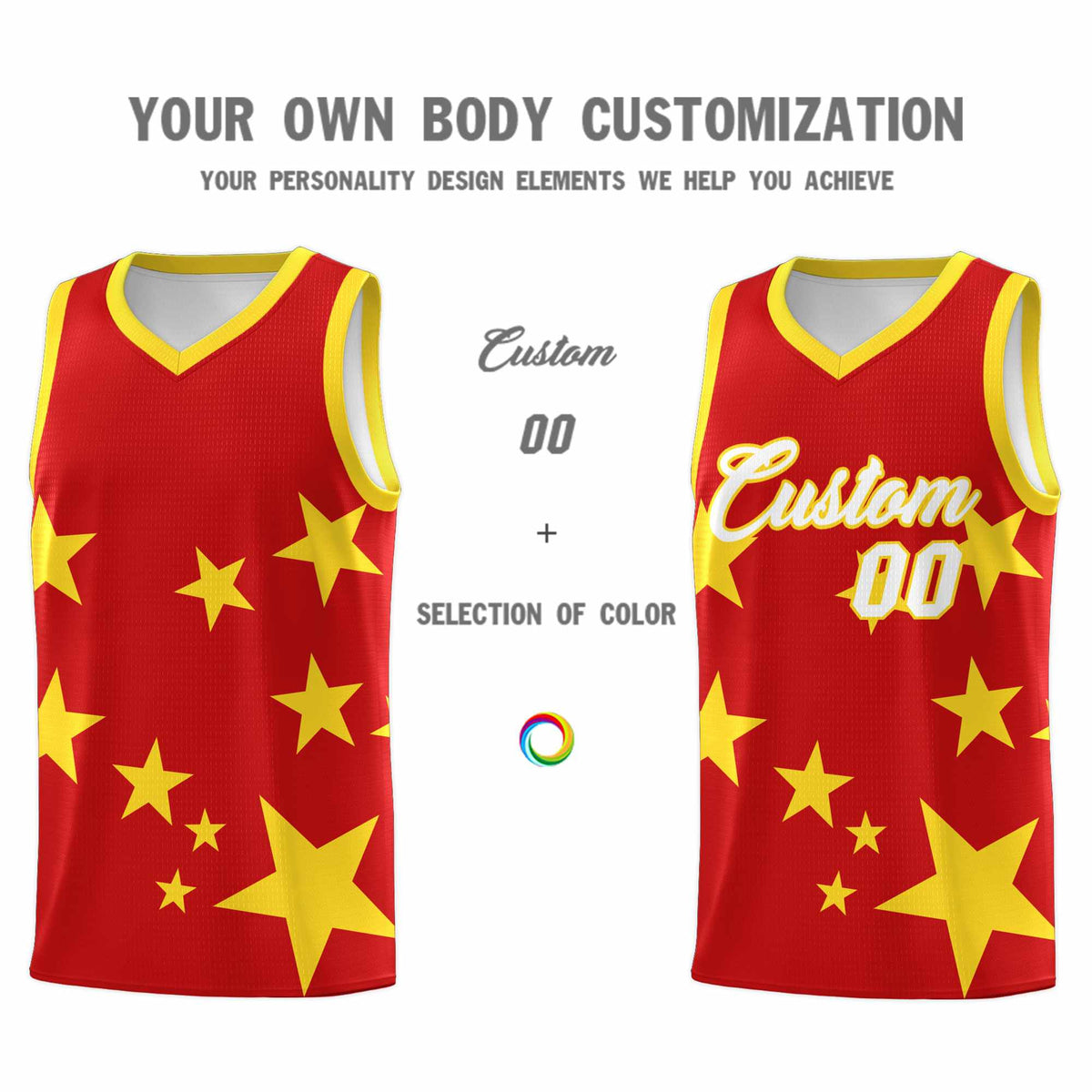 Custom Red Gold Graffiti Pattern Star Print Basketball Kits Sets