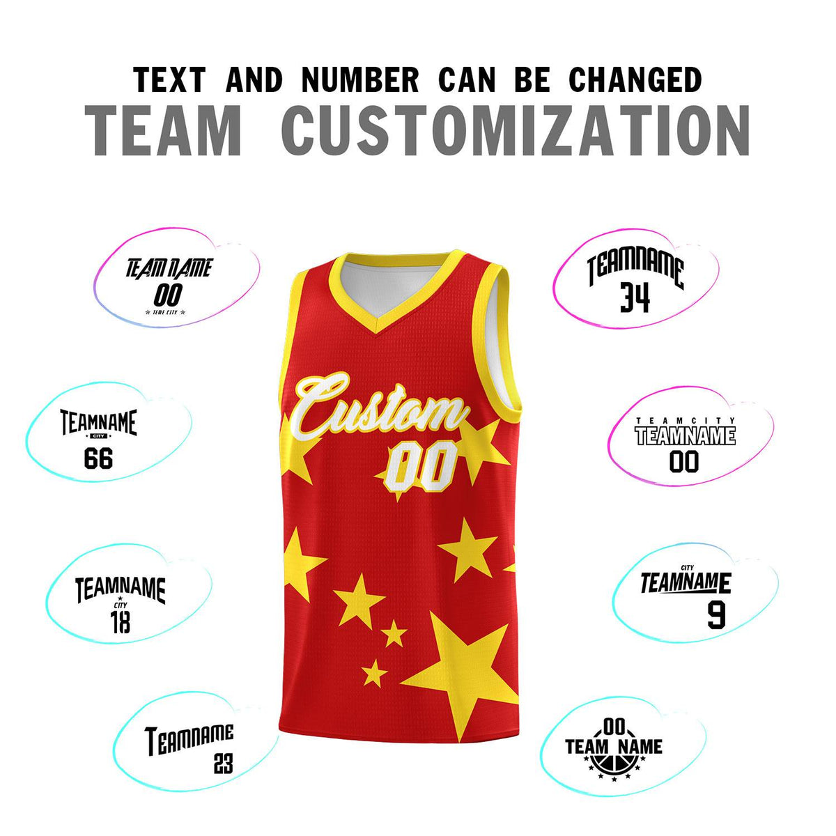 Custom Red Gold Graffiti Pattern Star Print Basketball Kits Sets