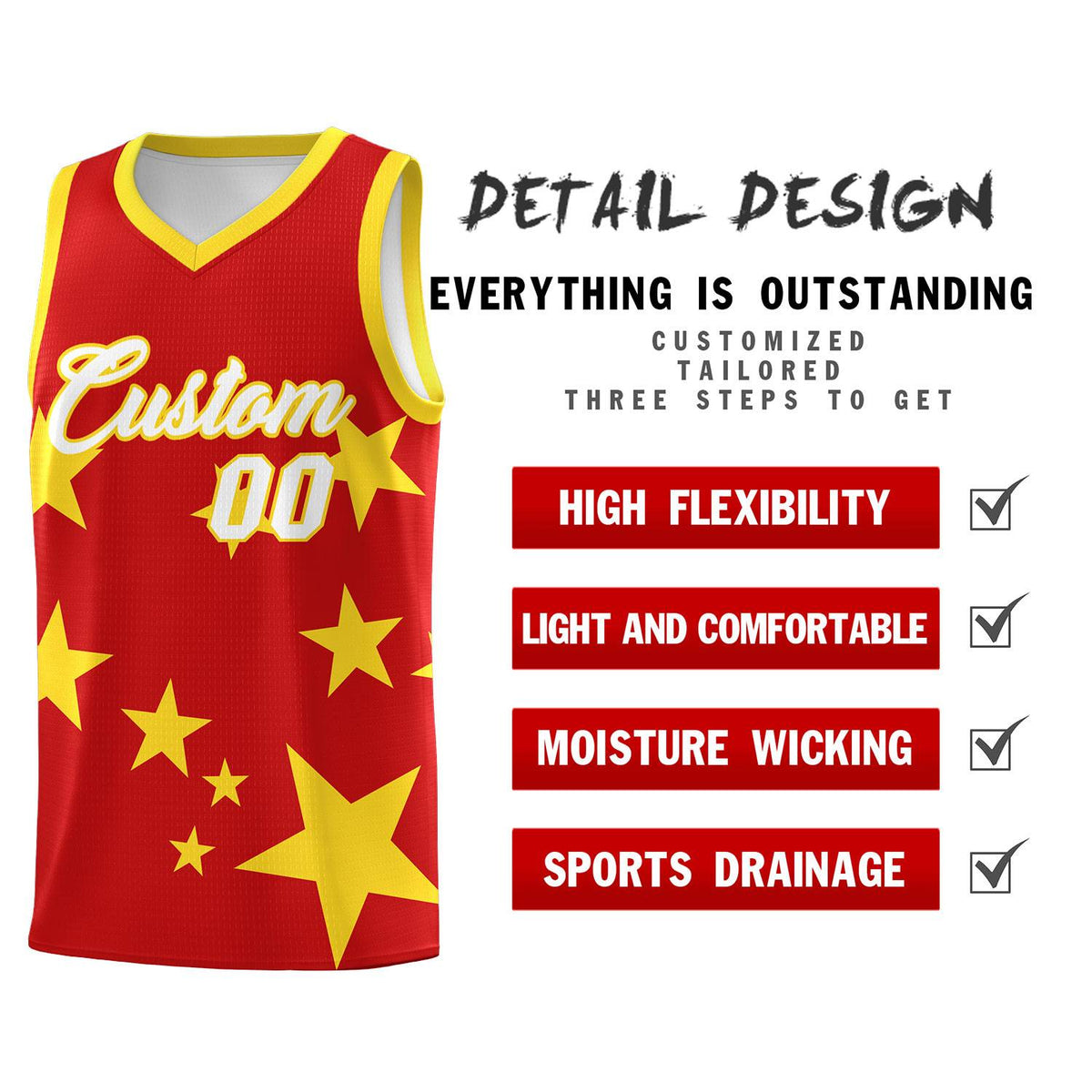 Custom Red Gold Graffiti Pattern Star Print Basketball Kits Sets