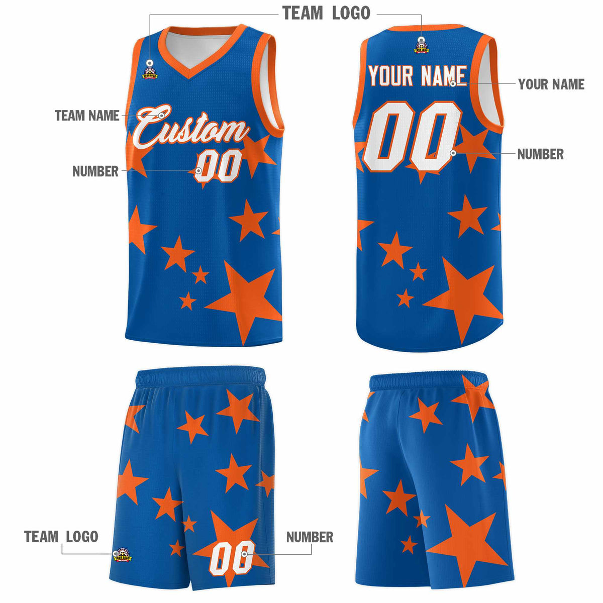 Custom Royal Orange Graffiti Pattern Star Print Basketball Kits Sets