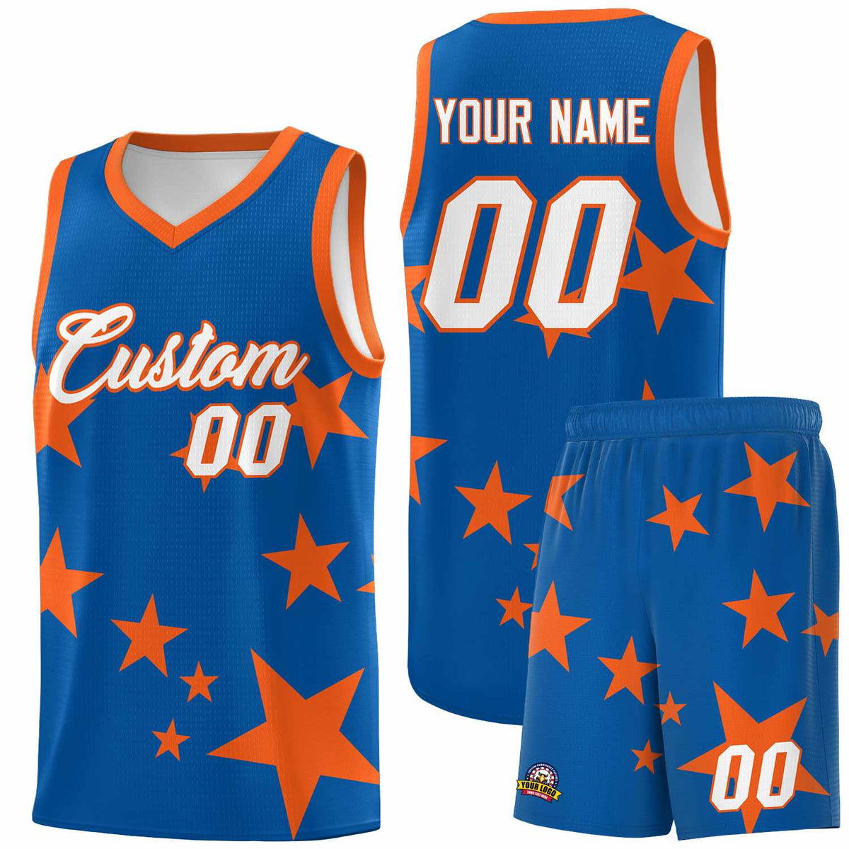 Custom Royal Orange Graffiti Pattern Star Print Basketball Kits Sets