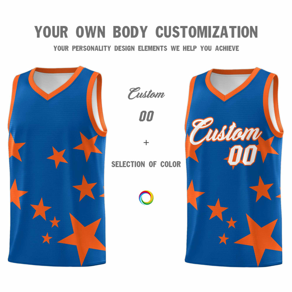 Custom Royal Orange Graffiti Pattern Star Print Basketball Kits Sets