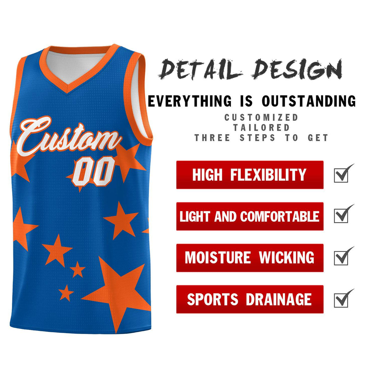 Custom Royal Orange Graffiti Pattern Star Print Basketball Kits Sets