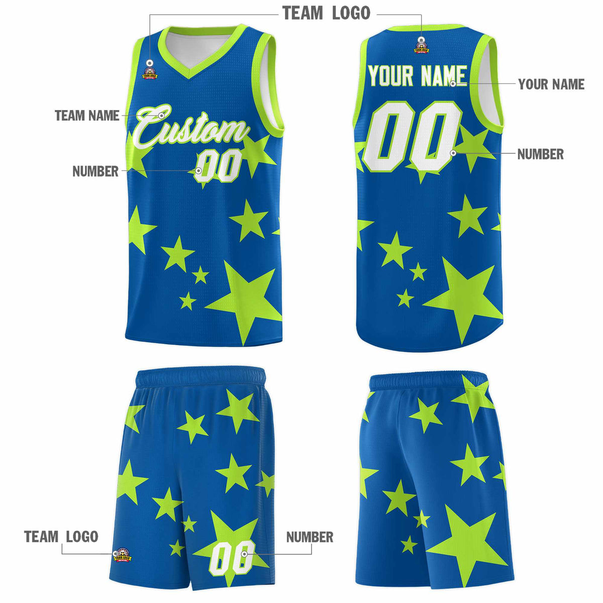 Custom Royal Light Green Graffiti Pattern Star Print Basketball Kits Sets
