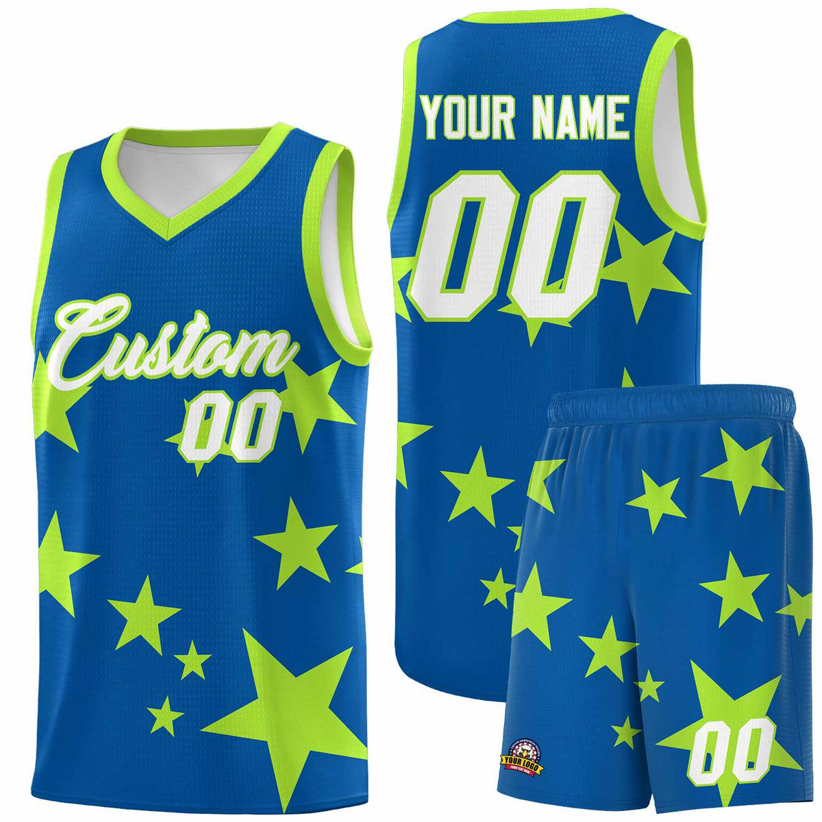 Custom Royal Light Green Graffiti Pattern Star Print Basketball Kits Sets