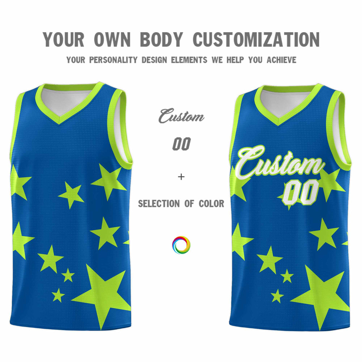 Custom Royal Light Green Graffiti Pattern Star Print Basketball Kits Sets