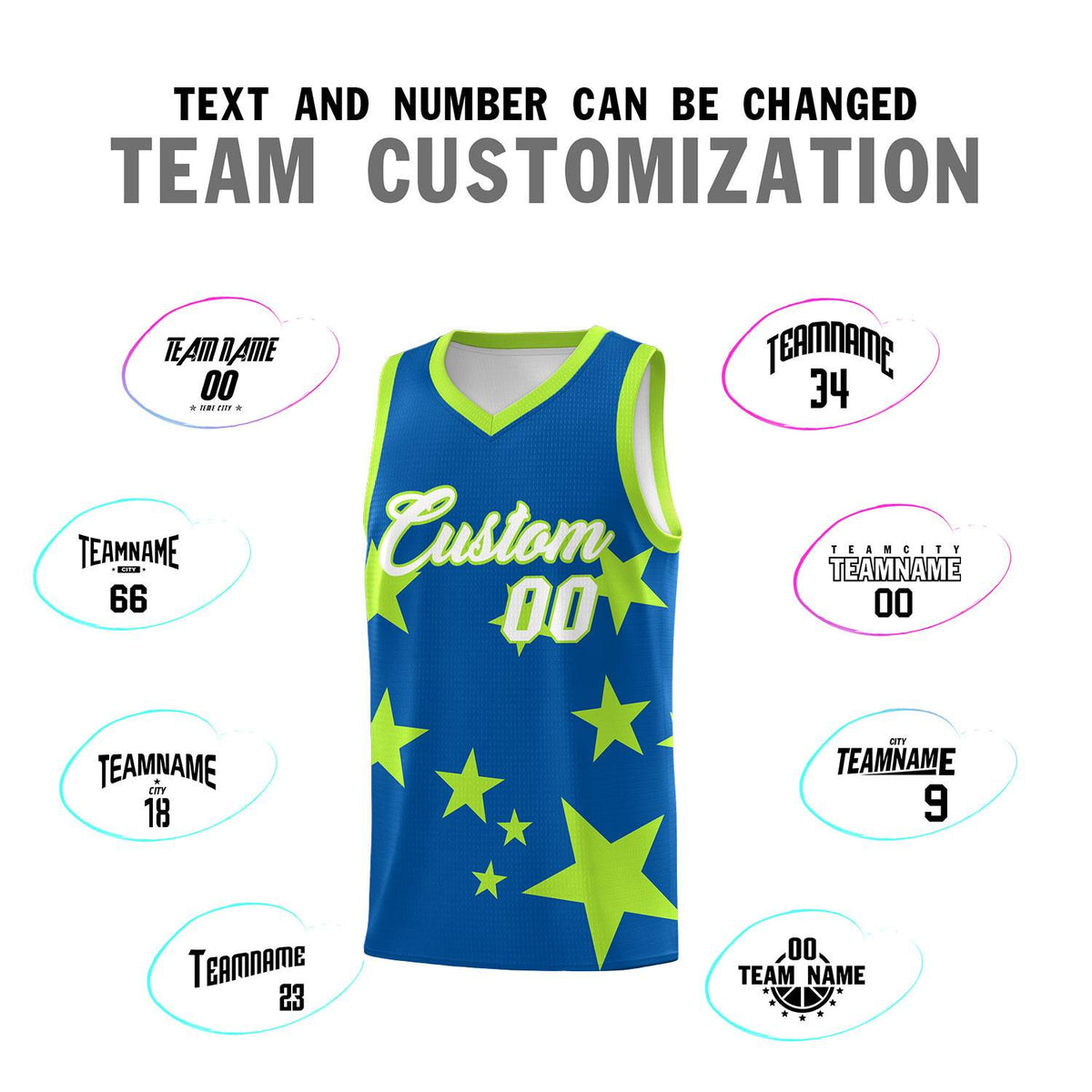 Custom Royal Light Green Graffiti Pattern Star Print Basketball Kits Sets