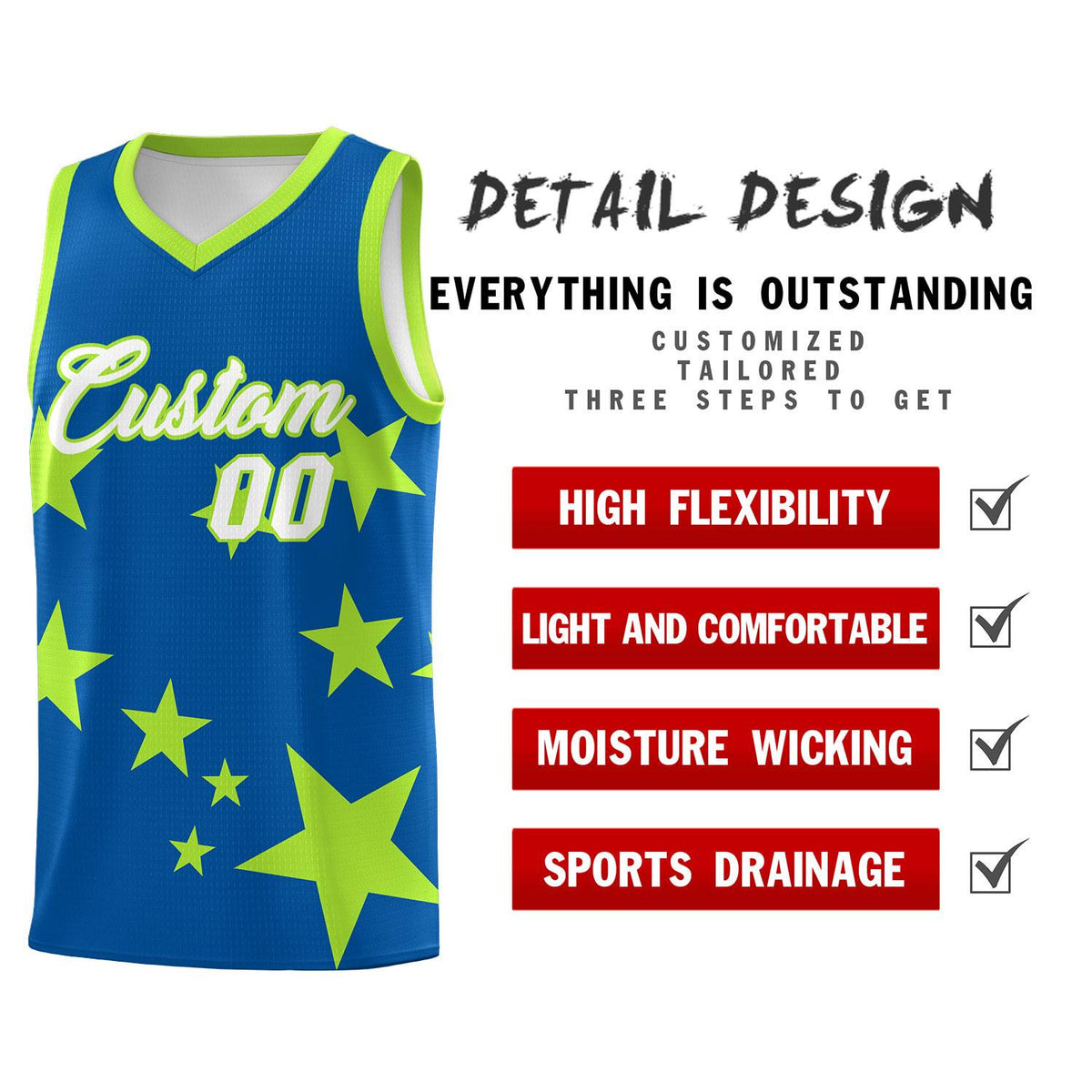 Custom Royal Light Green Graffiti Pattern Star Print Basketball Kits Sets